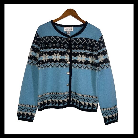 Sweaters - Vintage Blue Nordic Snowflake Wool Cardigan  Button Front Tally-Ho M 80s 90s